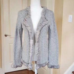 Jones New York Wool Blend Angora Rabbit Fur Trim Open Front Sweater Cardigan S